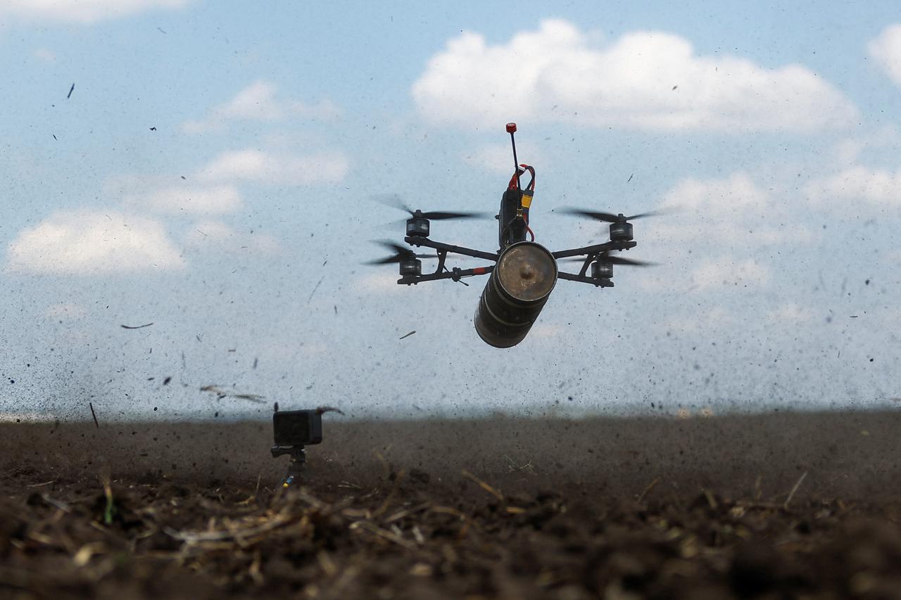 FPV drone of Ukrainian servicemen is seen in air during a test flight at a training ground in Donetsk region