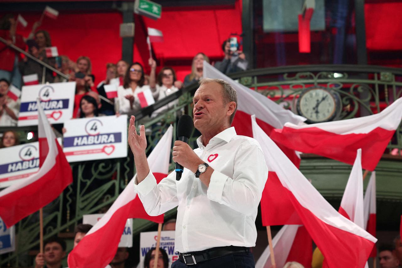 FILE PHOTO: Donald Tusk, the leader of the largest opposition grouping Civic Coalition (KO), attends meeting with women during election convention in Lodz