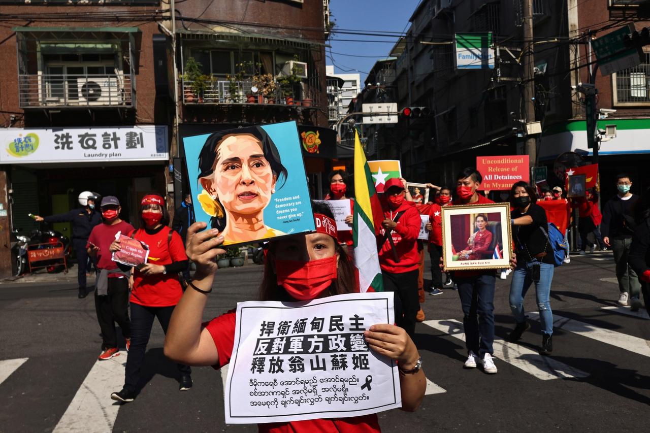 Members of the Burmese community in Taipei protest against the Myanmar military coup in Little Burma, home to many of Taiwan's Burmese immigrants, in Taipei