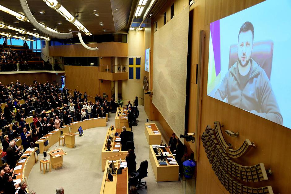 Ukraine's President Zelenskiy addresses the Swedish Parliament via video link