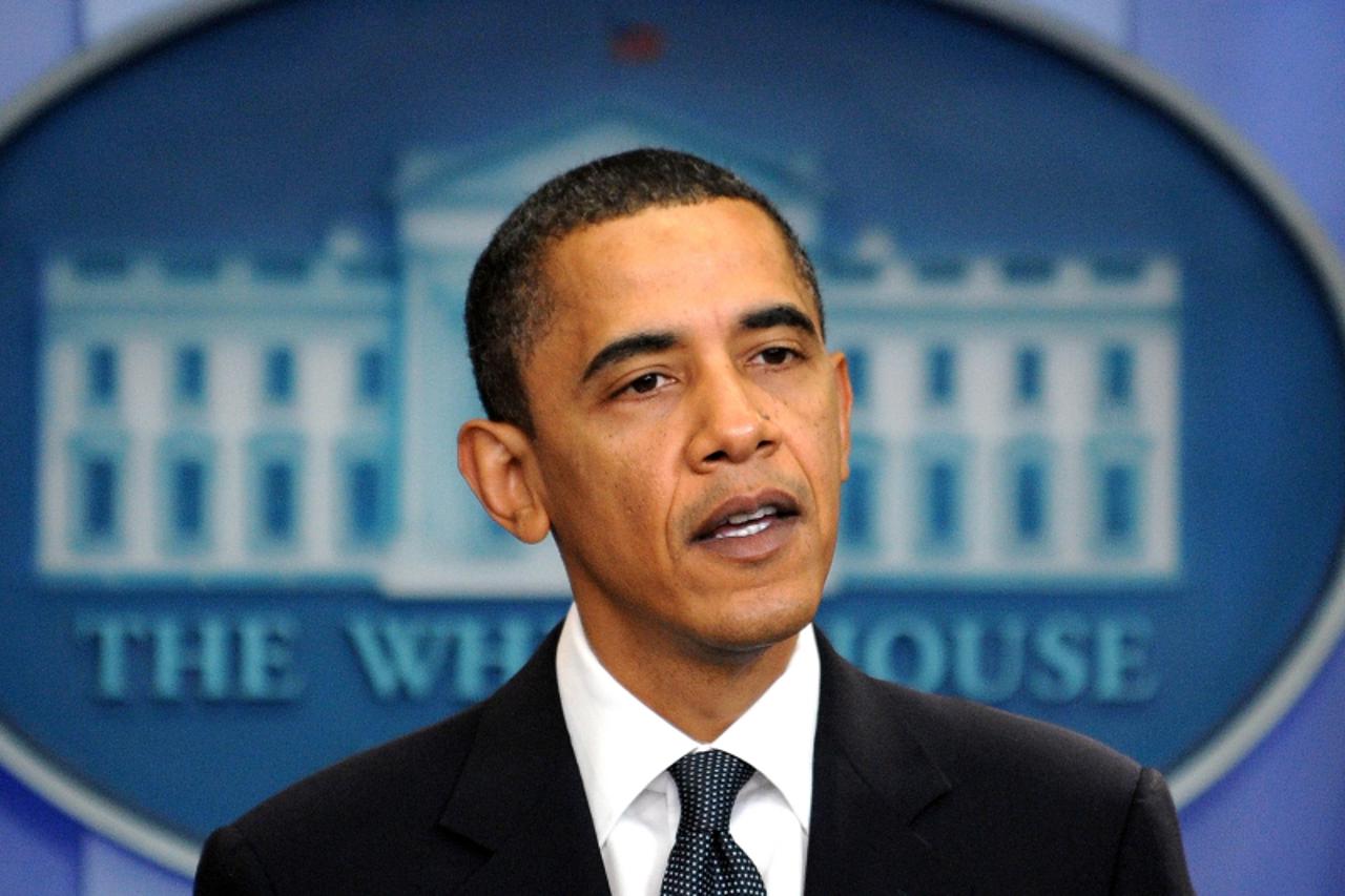 'US President Barack Obama gives an unscheduled press briefing at the White House in Washington, DC, on March 26, 2010. The United States and Russia concluded on March 26 a landmark nuclear arms treat