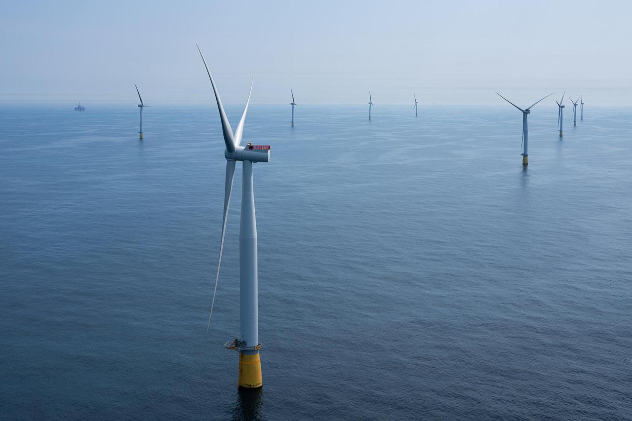 Aerial view of the Hywind Tampen floating offshore wind farm, North Sea
