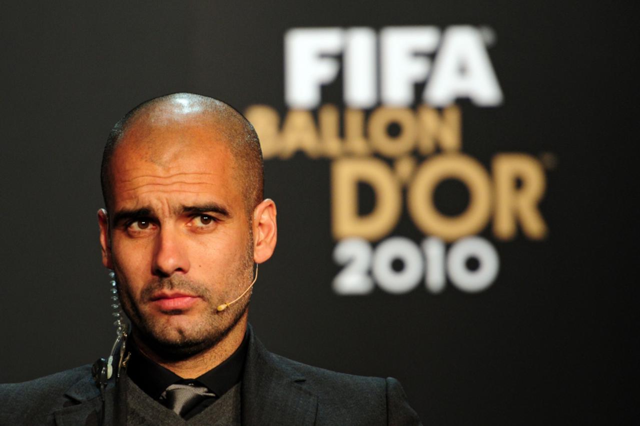'Nominee for the Fifa World coach of the Year for Men\\u0092s Football, Spain\'s Pep Guardiola attends a press conference prior to the FIFA Ballon d\'Or ceremony on January 10, 2011 in Zurich.  AFP PH