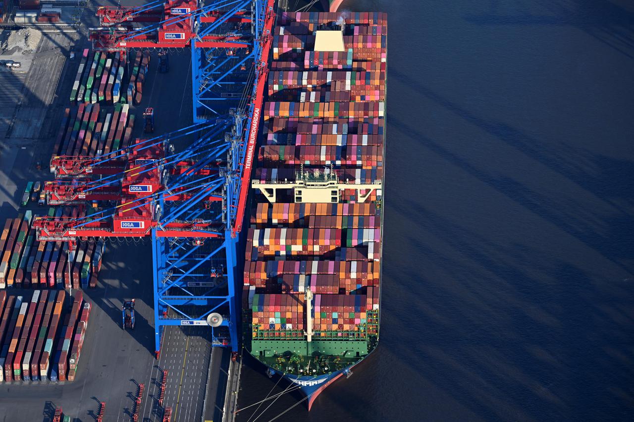 Cargo ships are loaded at a container terminal in a harbour in Hamburg