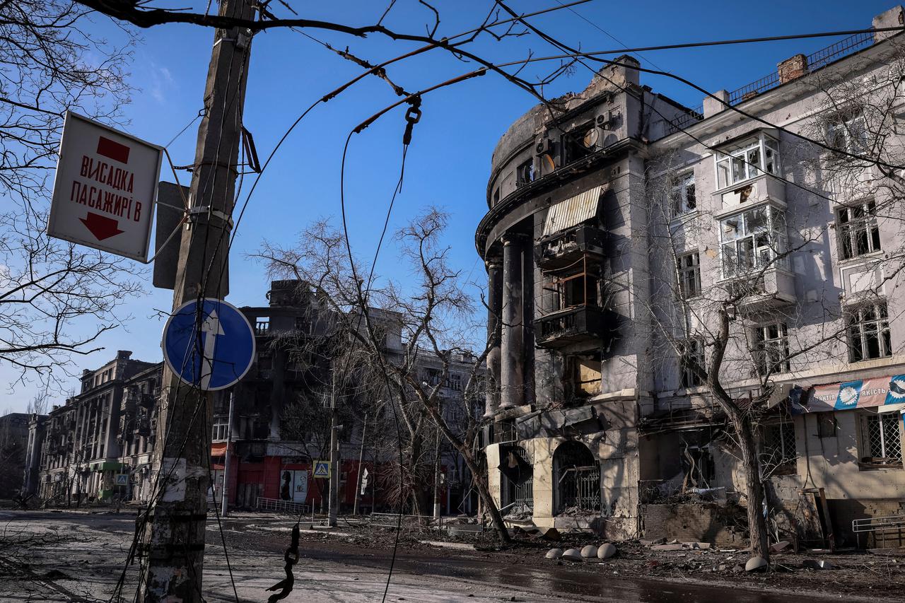 A general view shows an apartment building damaged by a Russian military strike in the frontline city of Bakhmut