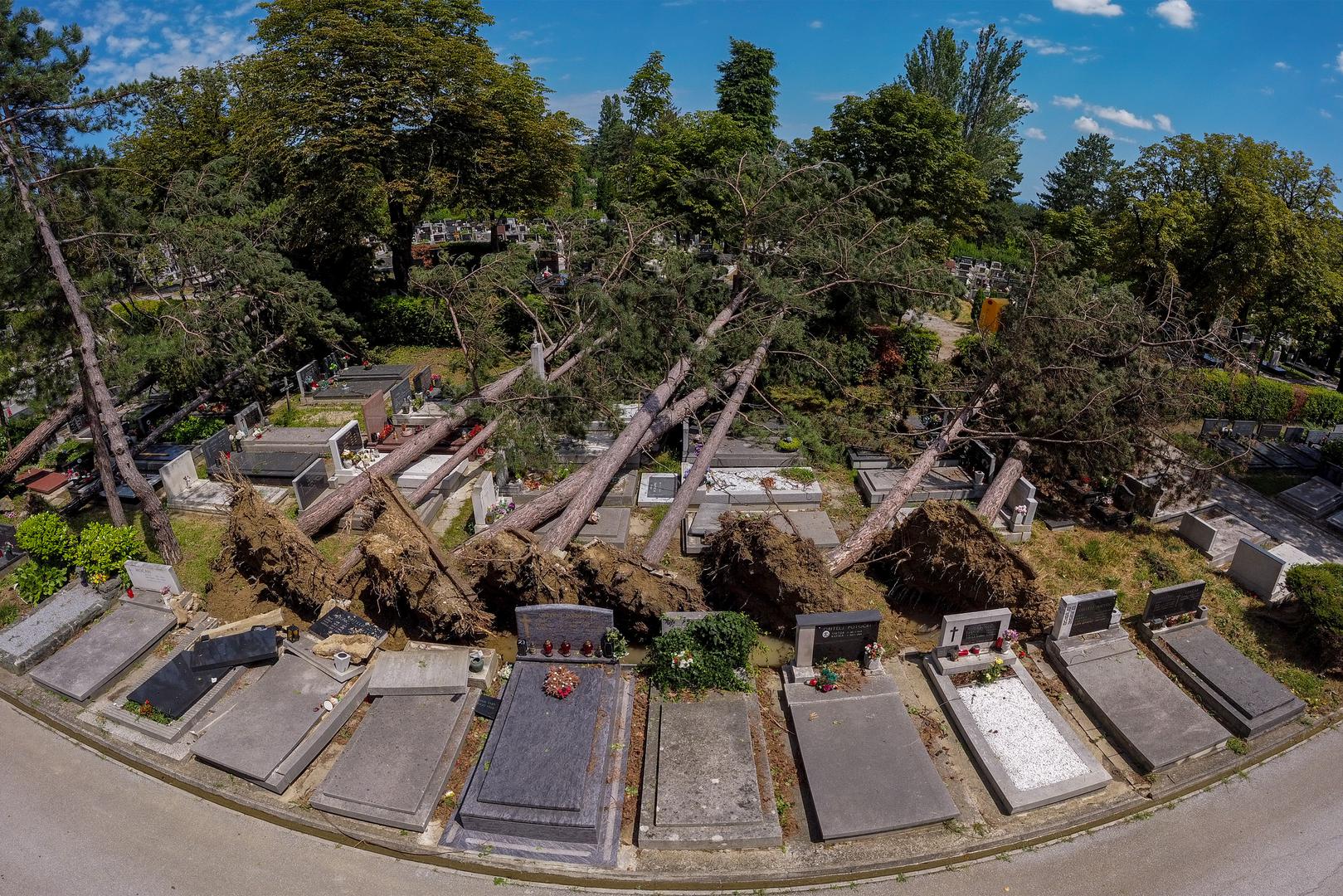 20.07.2023., Zagreb -  Olujno nevrijeme poharalo je i zagrebacko groblje Mirogoj. Jak vjetar rusio je stabla koja su padala na grobove te neke od njih i ostetila. Fotografije iz zraka. Photo: igor Kralj/PIXSELL