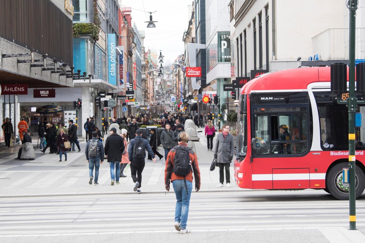 A street with less pedestrian traffic than usual as a result of the coronavirus disease (COVID-19) outbreak is seen in Stockholm