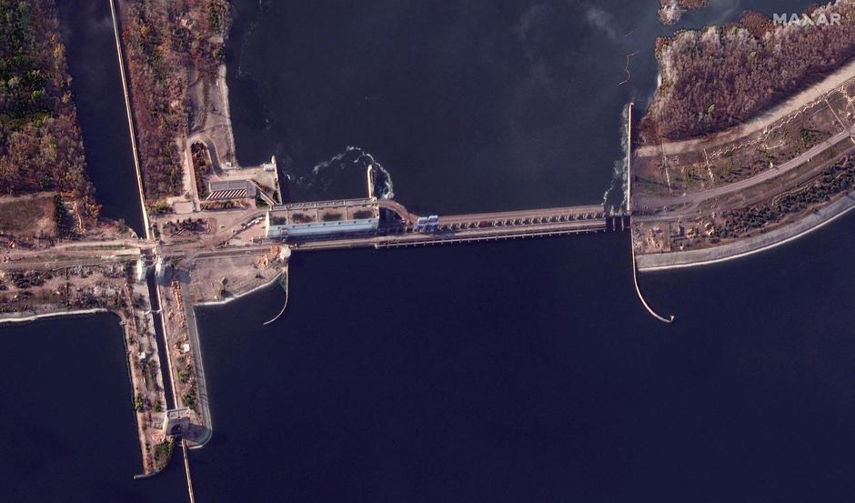 Satellite image shows an overview of Nova Kakhovka dam in Kherson