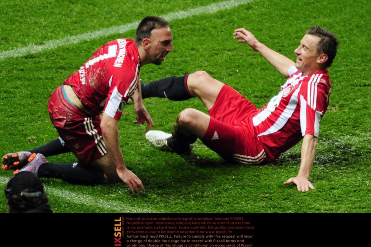 \'Munich\'s Franck Ribery celebrates his 0-3 during German DFB Cup final Werder Bremen vs FC Bayern Munich at Olympic stadium in Berlin, Germany, 15 May 2010. Bayern Munich thrashed Bremen with 4-0. P