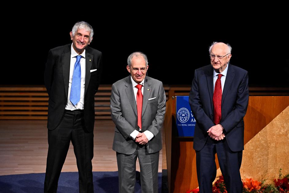 Nobel Prize winners in Physics John M. Martinis, Michel H. Devoret and John Clarke after their Nobel Prize lectures in Physics, in Aula Magna at Stockholm University in Stockholm