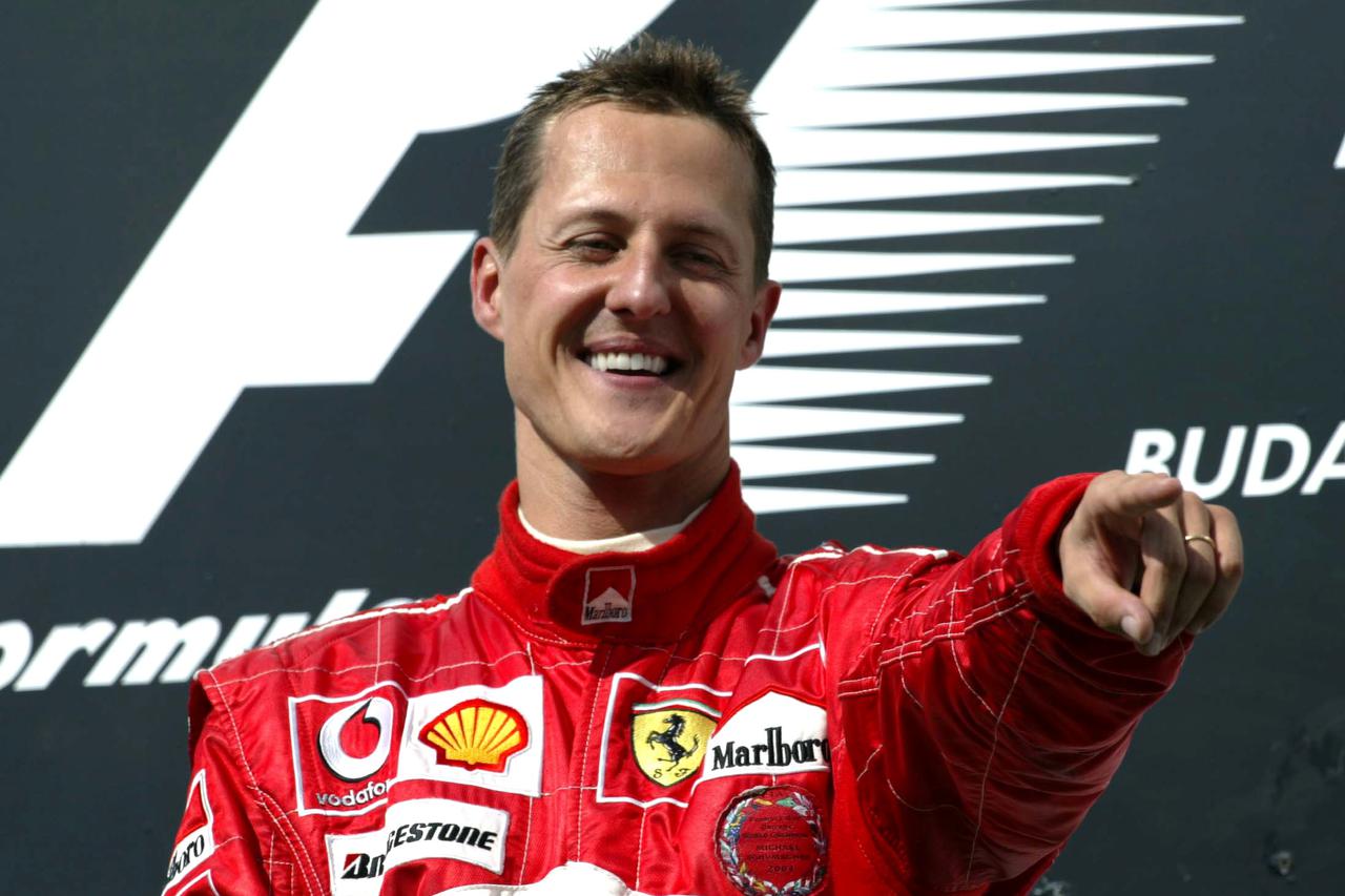 FILE PHOTO: Michael Schumacher - Ferrari celebrates winnning the race