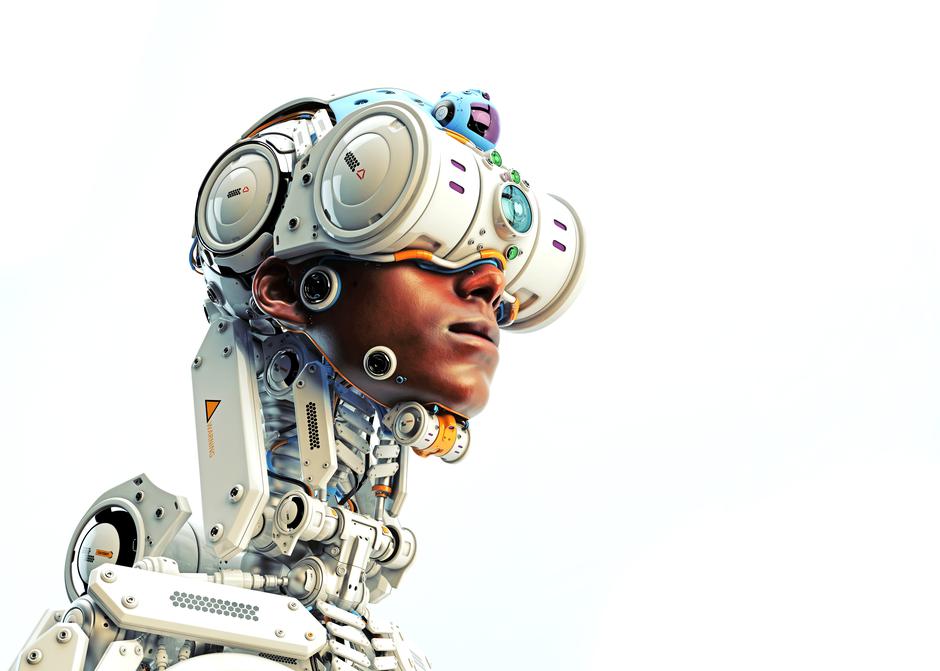 Wired black man in robotic medic suit. Profile 3d render