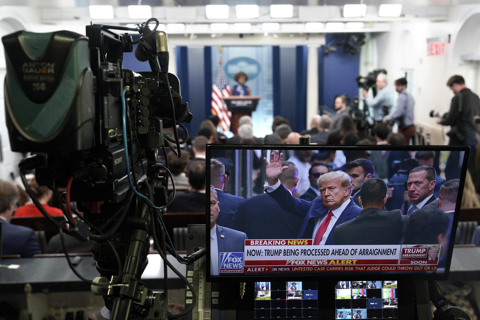 Former President Donald Trump is seen on TV screen during during a press briefing with White House Press Secretary Karine Jean-Pierre at the White House in Washington on March 29, 2023. Photo by Yuri Gripas/ABACAPRESS.COM Photo: Pool/ABACA/ABACA