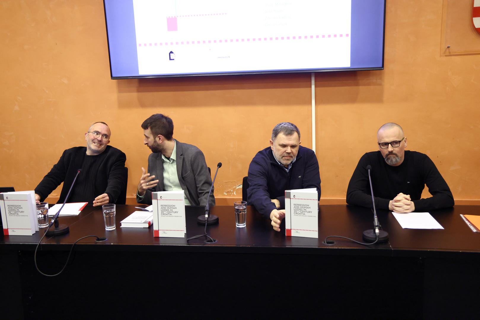 24.2.2026. - Matica Hrvatska, Zagreb, Hrvatska - Promocija zbornika radova "Repression and Human Losses in 20th Century Croatia", urednika: Nikice Barica. Nikica Baric, Domagoj Tomas, Josip Mihaljevic i Domagoj Novosel. Photo: Josip Mikacic/PIXSELL