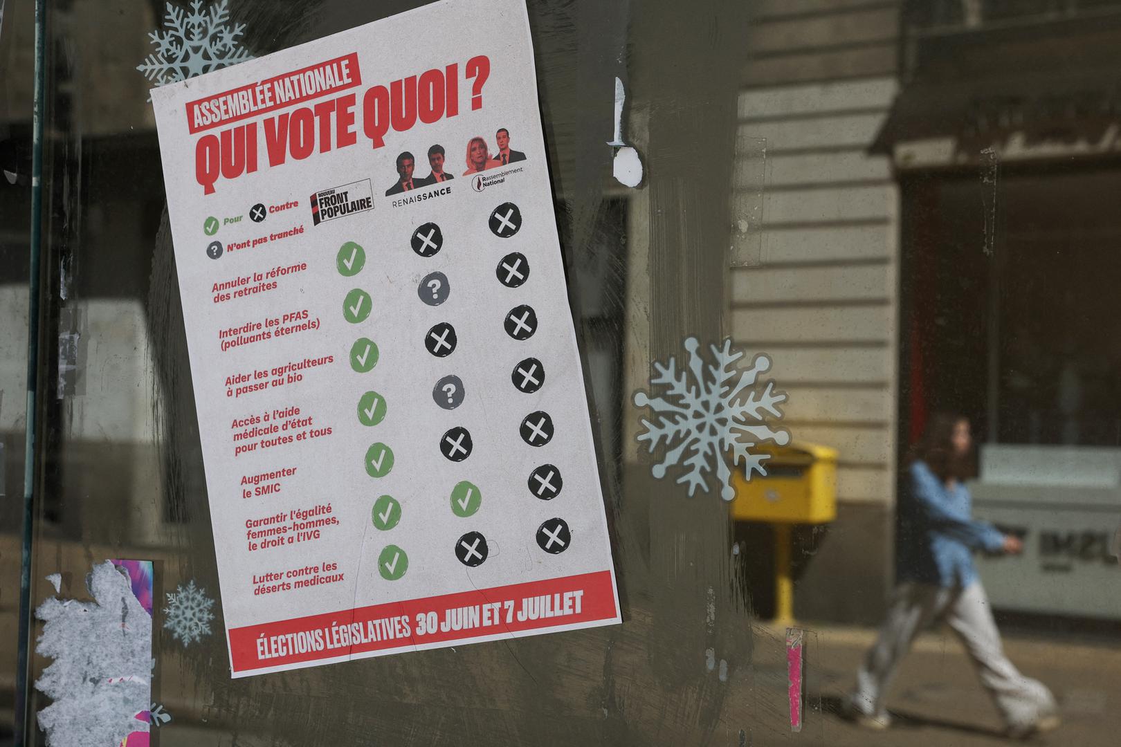 A poster which reads "National Assembly, who votes what?" for the French legislative elections on June 30 and July 7, is displayed during the first round of the early French parliamentary elections, in Nantes, France, June 30, 2024. REUTERS/Violeta Santos Moura Photo: VIOLETA SANTOS MOURA/REUTERS
