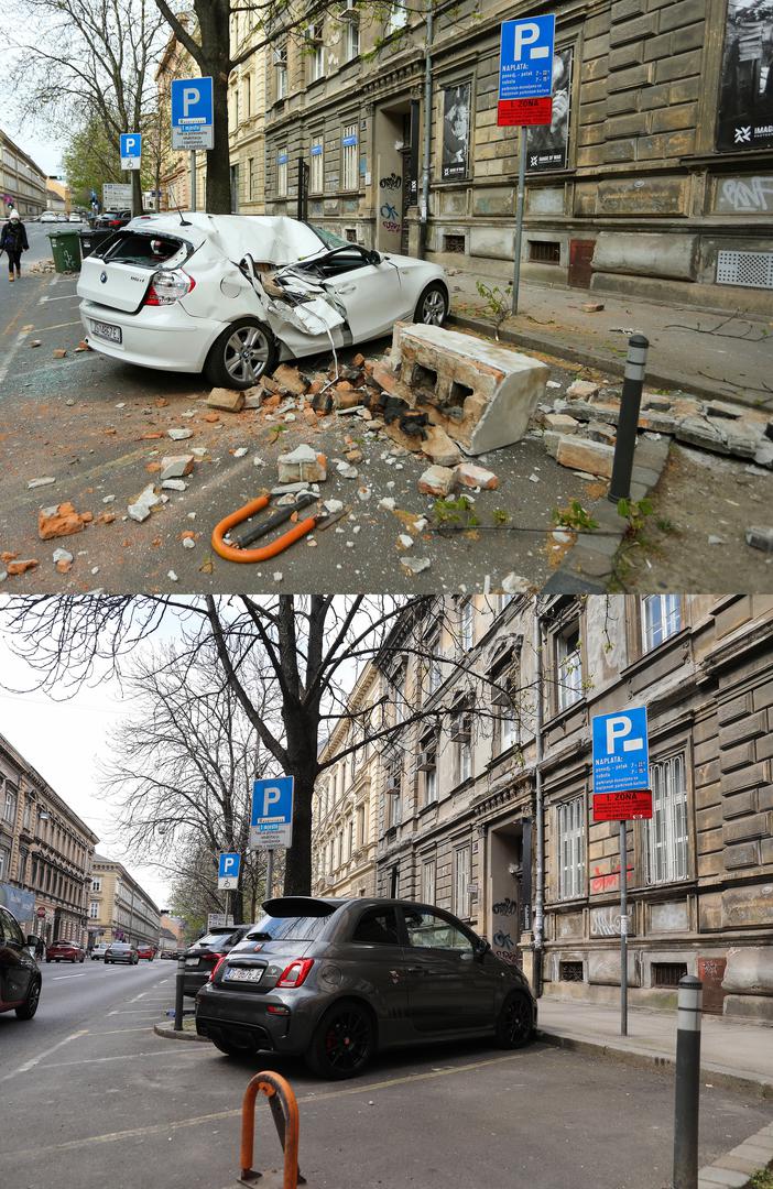 Zdrobljena krovišta i zidovi, cigle po ulicama i automobilima, srušen vrh južnog tornja katedrale, kolone vozila koja bježe iz centra grada...