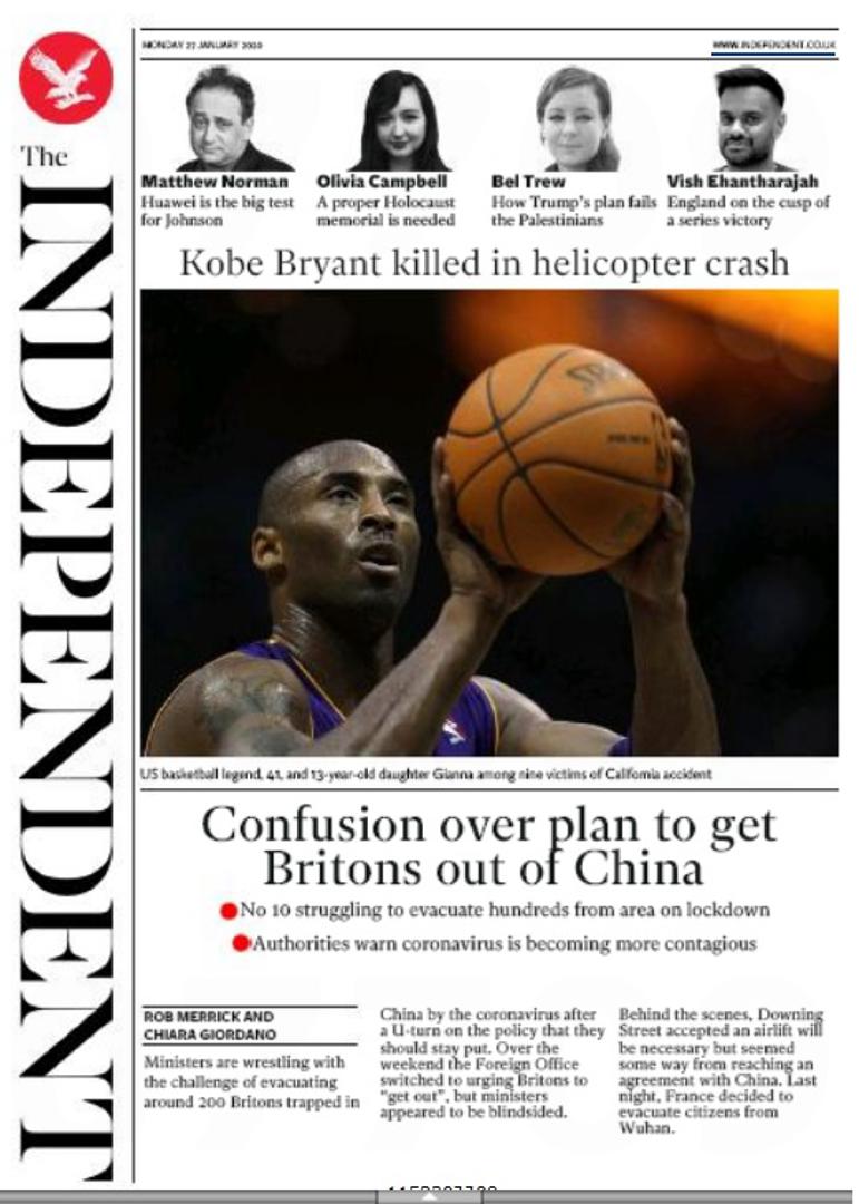 Engleski Independent: Kobe Bryant poginuo u padu helikoptera