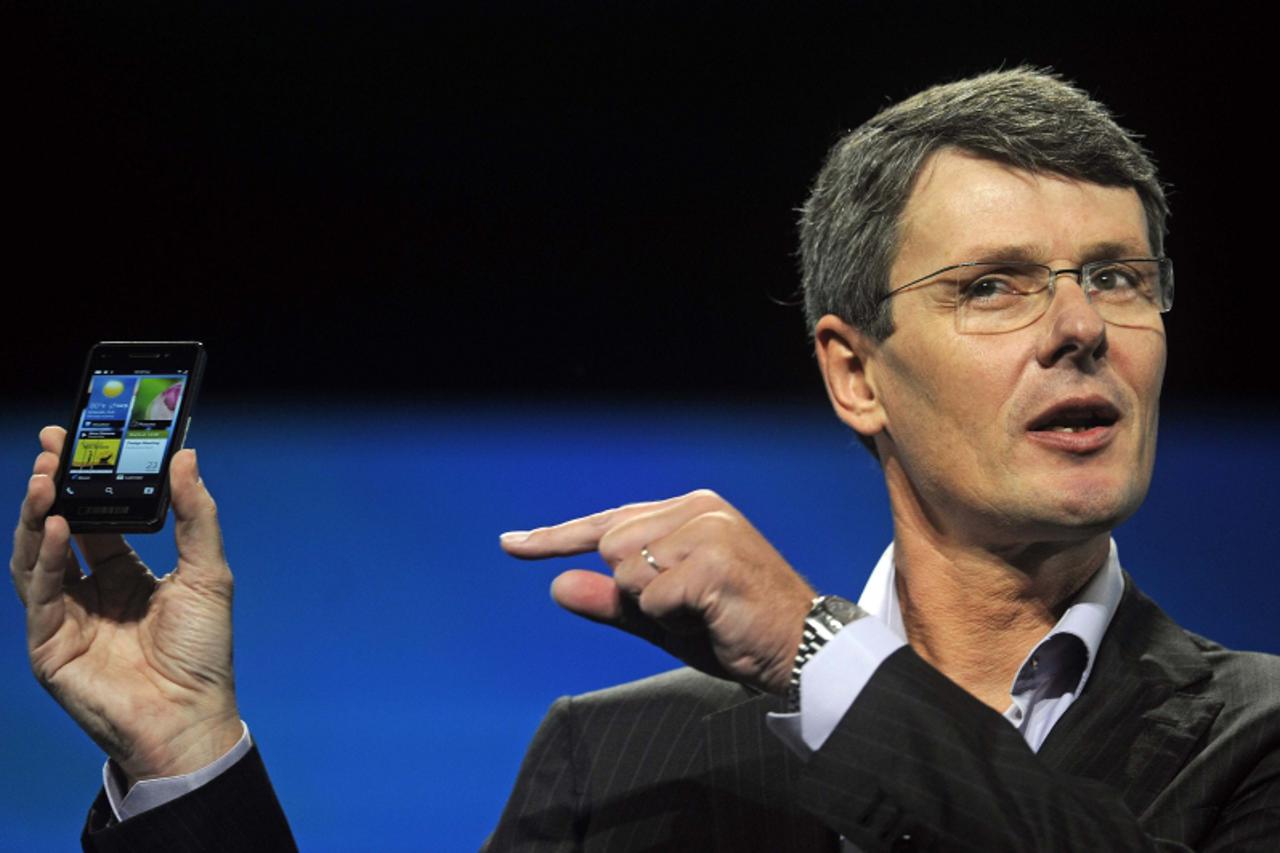 'Research in Motion Chief Executive Officer Thorsten Heins holds up a prototype of the BlackBerry 10 smartphone at the BlackBerry World event in Orlando May 1, 2012 . Research in Motion is set to laun
