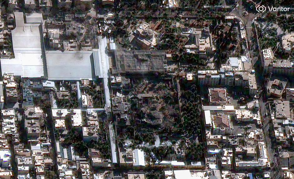 A satellite image of a destroyed residence complex belonging to Supreme Leader Ayatollah Ali Khamenei in Tehran