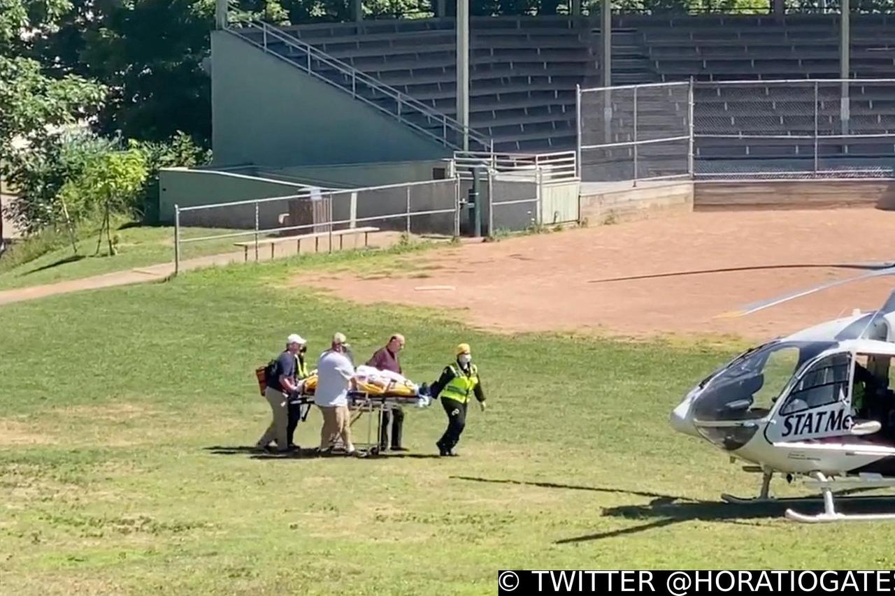 Author Salman Rushdie is transported to a helicopter after he was stabbed at the Chautauqua Institution