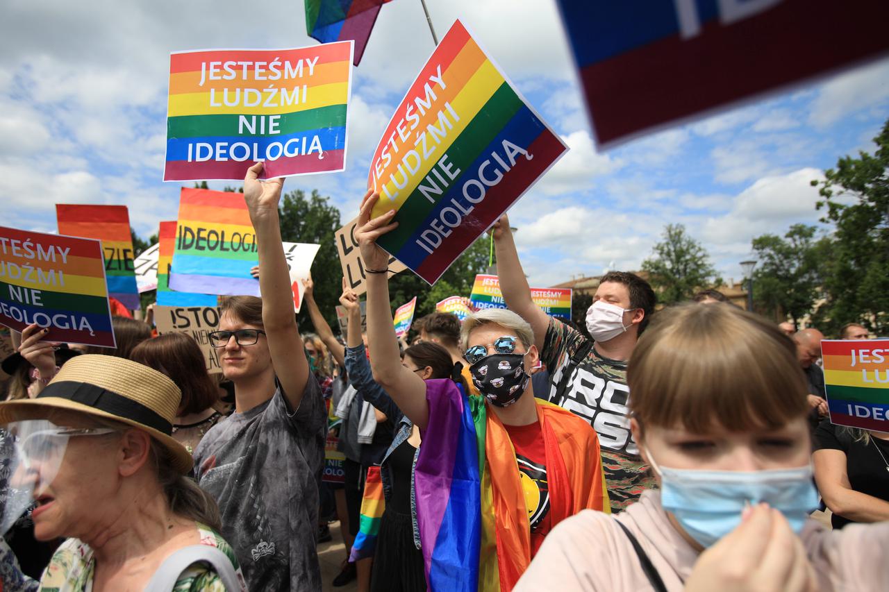 People protest against Polish President Andrzej Duda recent LGBT comments during his election rally in Lublin