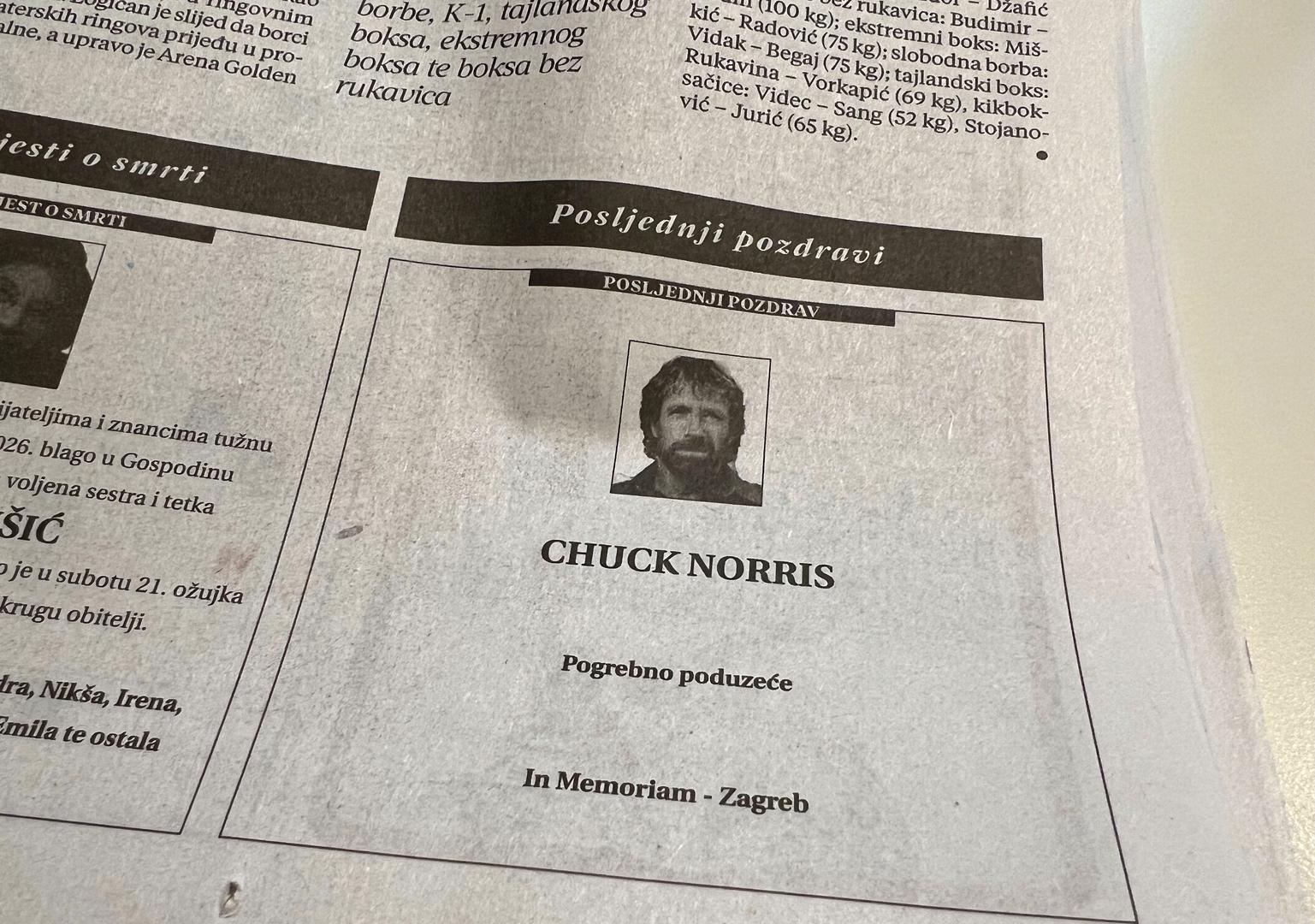 U tiskanom izdanju Večernjeg lista osvanula je osmrtnica Chuck Norrisu. 