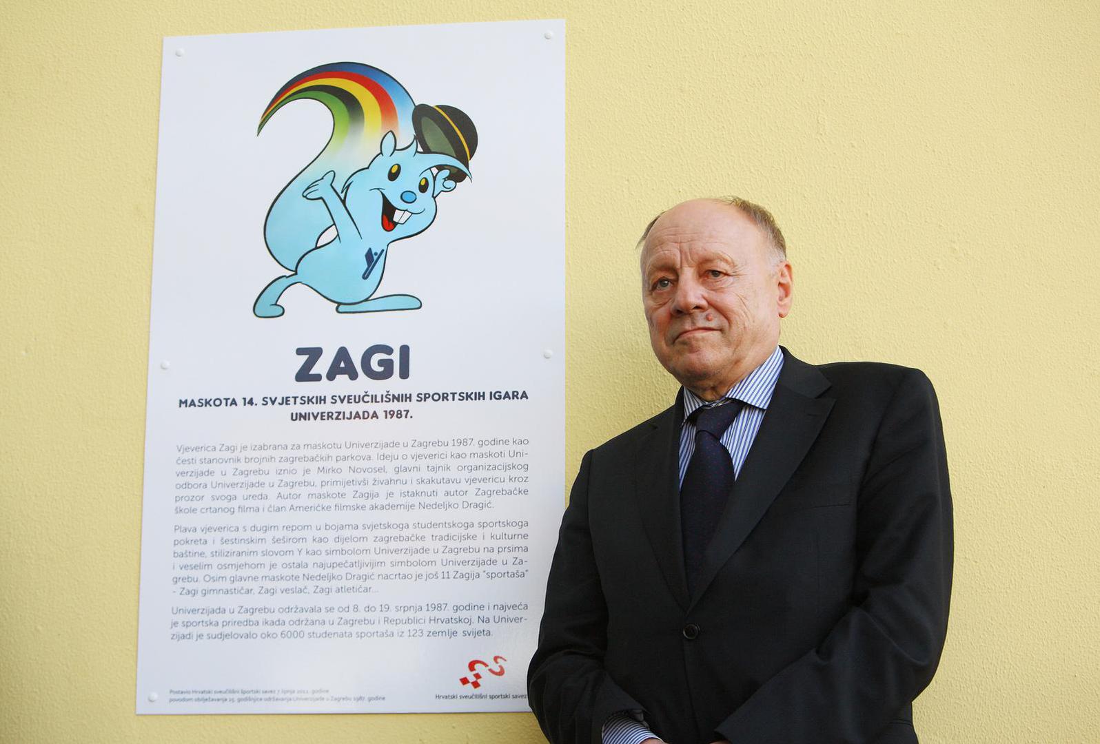 07.06.2012., Zagreb - Na Jarunu, na veslackim tribinama, svecano je otkriveno spomen obiljezje Zagiju, maskoti Univerzijade koja je odrzana u Zagrebu 1987. godine, a povodom najave kandidature za 3. europsku Univerzijadu. Mirko Novosel, idejni zacetnik maskote Zagi. rPhoto: Tomislav Miletic/PIXSELL