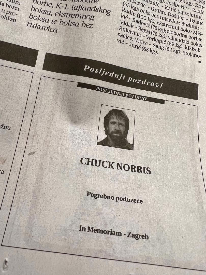 Obitelj Chuck Norrisa objavila je vijest o njegovoj iznenadnoj smrti putem njegove službene stranice na Instagramu. U dirljivoj objavi navodi se kako je Norris preminuo u četvrtak ujutro, okružen članovima svoje obitelji i u miru.