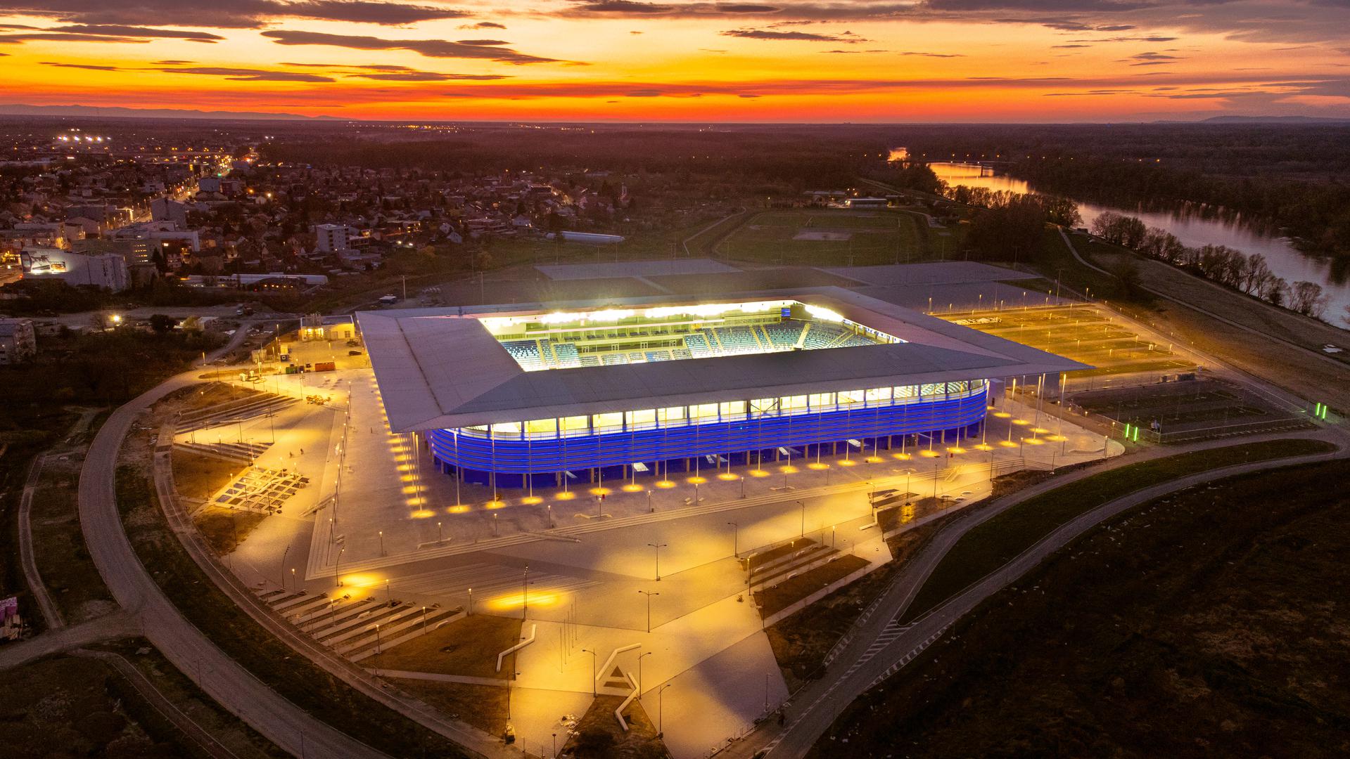 24.03.2023., Osijek - Pogled iz zraka na osvijetljeni novi stadion NK Osijeka na Pampasu. Photo: Davor Javorovic/PIXSELL