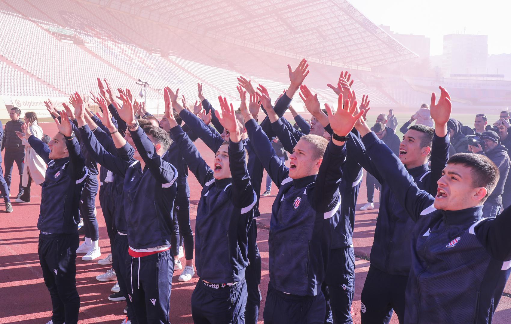 16.03.2023., Split -  Na Poljudu je organiziran docek juniorima HNK Hajduka koji su jucer pobijedili Borussiju Dortmund cime su se plasirali na zavrsni turnir juniorske Lige prvaka, medju cetiri najbolje juniorske momcadi u Europi. Photo: Ivo Cagalj/PIXSELL