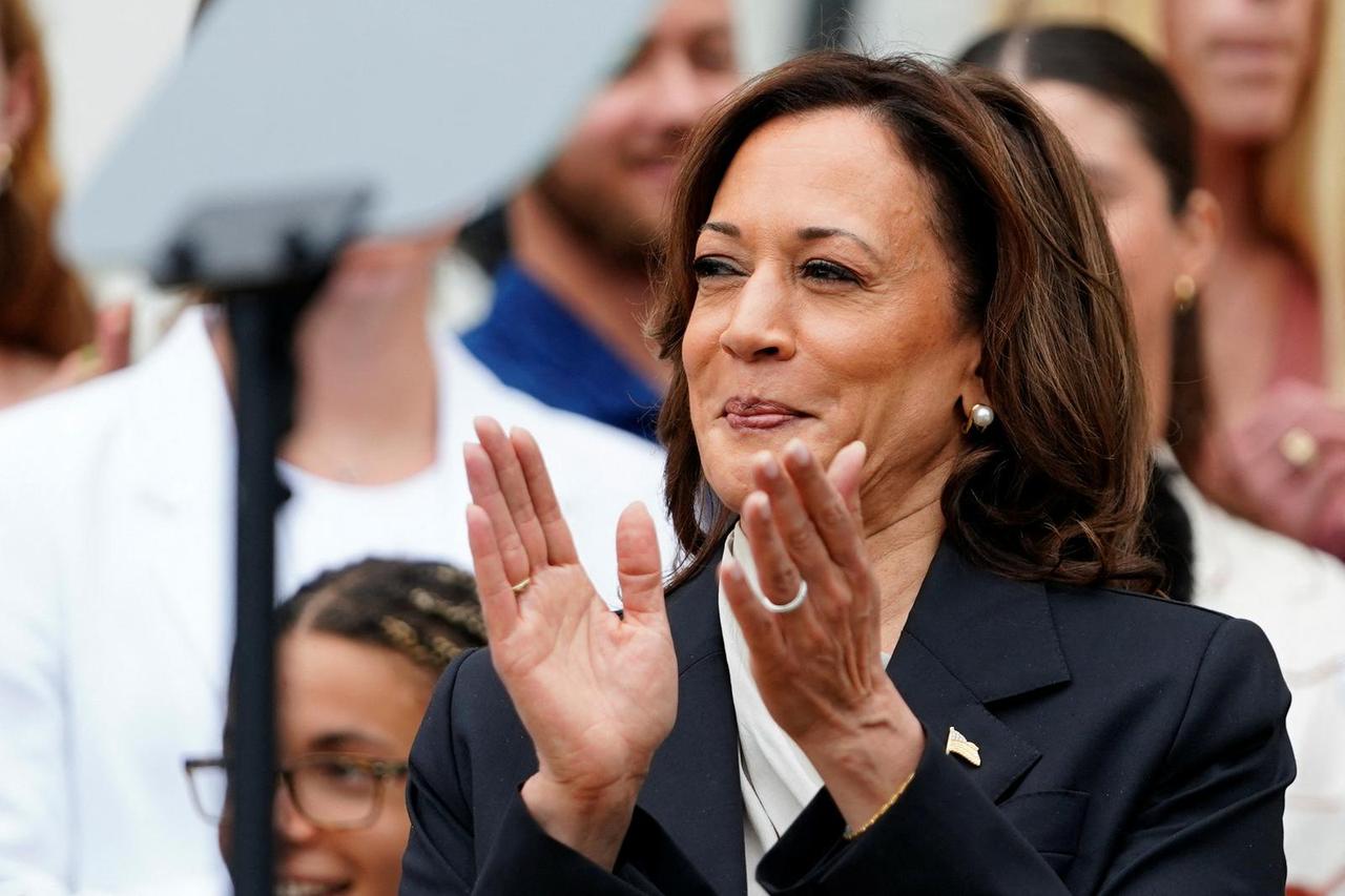 U.S. Vice President Kamala Harris delivers remarks to the women and men's National Collegiate Athletic Association (NCAA) Champion teams at the White House in Washington