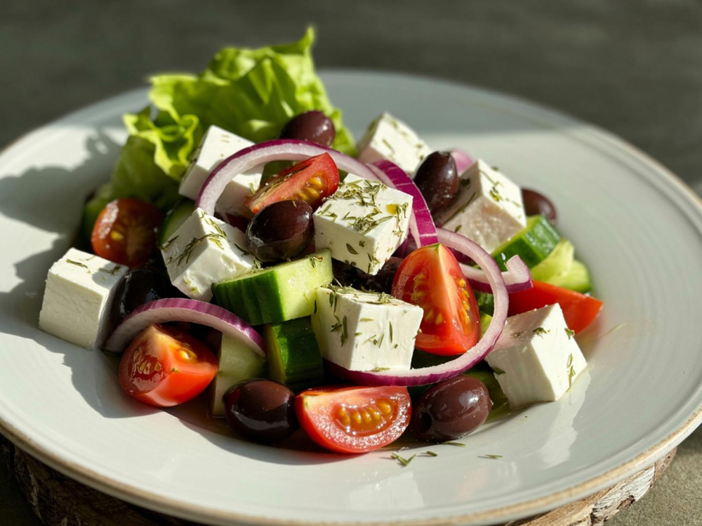 Salata od rajčice, krastavaca i feta sira: Rajčice i krastavce narežite na komade, dodajte izmrvljeni feta sir i nekoliko kolutića crvenog luka. Sve začinite maslinovim uljem, soli, paprom i svježim origanom ili bosiljkom. Ova lagana salata može se poslužiti kao prilog uz meso ili kao samostalan ljetni obrok.
