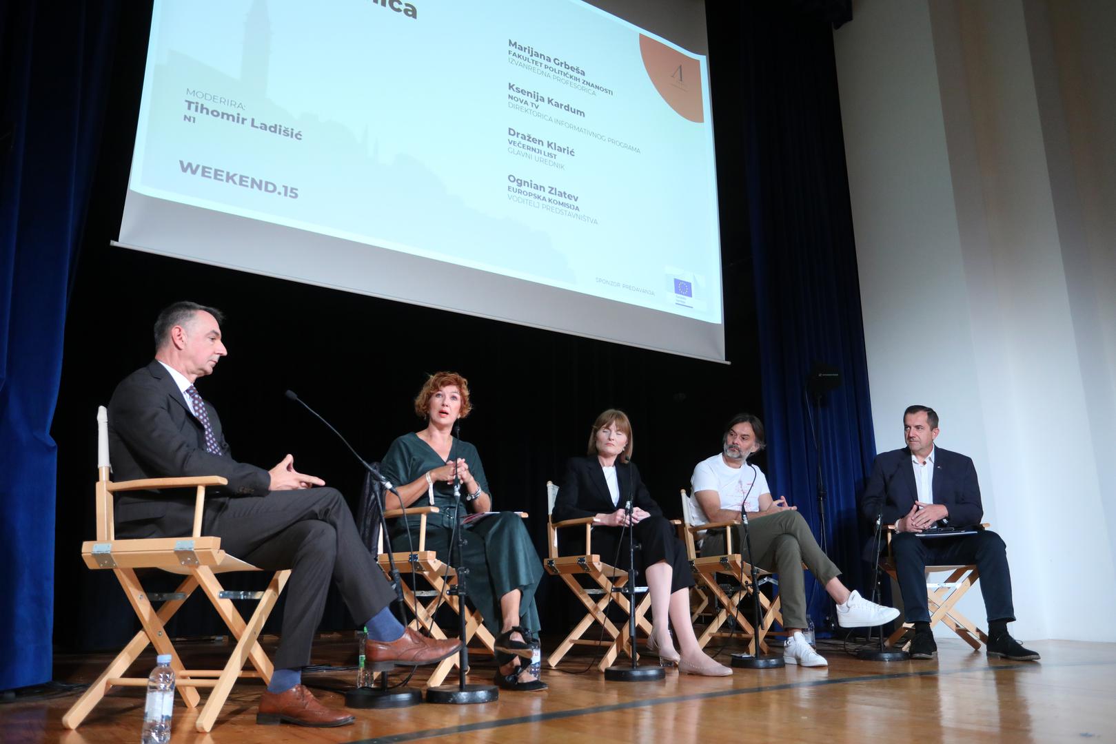 24.09.2022., Rovinj - 15. Weeken Media festival, Dvorana Vikendica, panel Smrt cinjenica, panelisti: Marijana Grbesa, Ksenija Kardum, Drazen Klaric i Ognian Zlatev, moderator Tihomir Ladisic. Photo: Kristina Stedul Fabac/PIXSELL