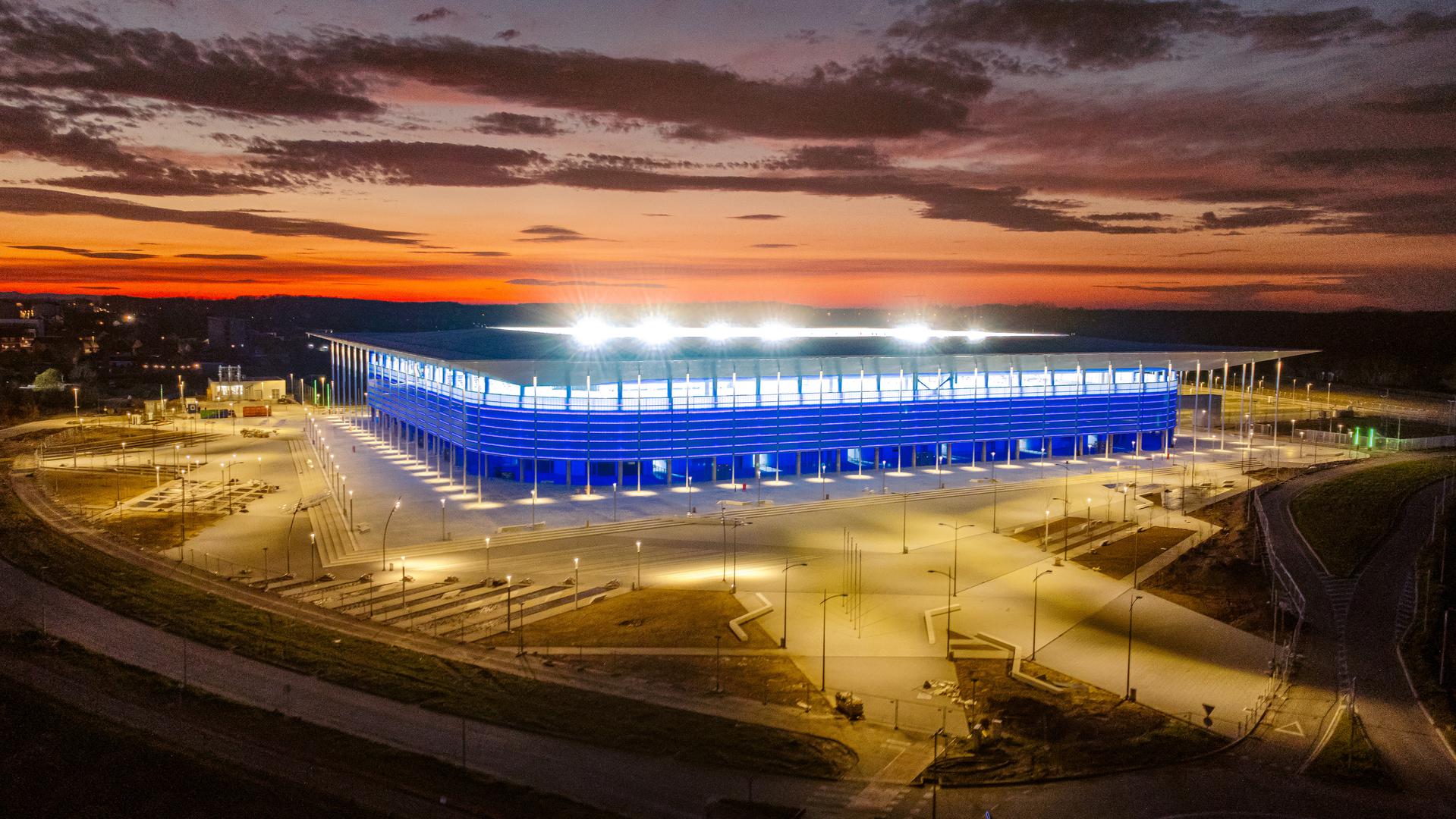 24.03.2023., Osijek - Pogled iz zraka na osvijetljeni novi stadion NK Osijeka na Pampasu. Photo: Davor Javorovic/PIXSELL