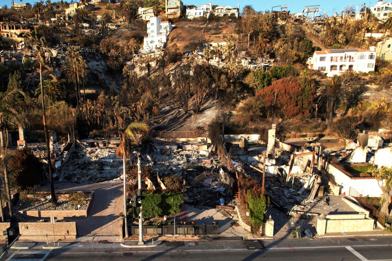 Drone view of Malibu neighborhood destroyed by Palisades Fire in Los Angeles