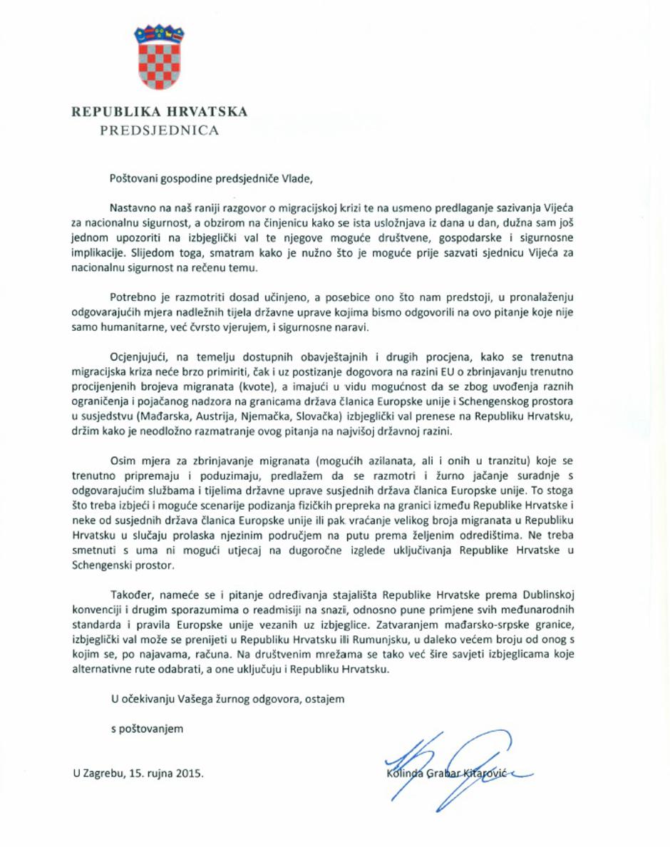 Pismo predsjednice premijeru 