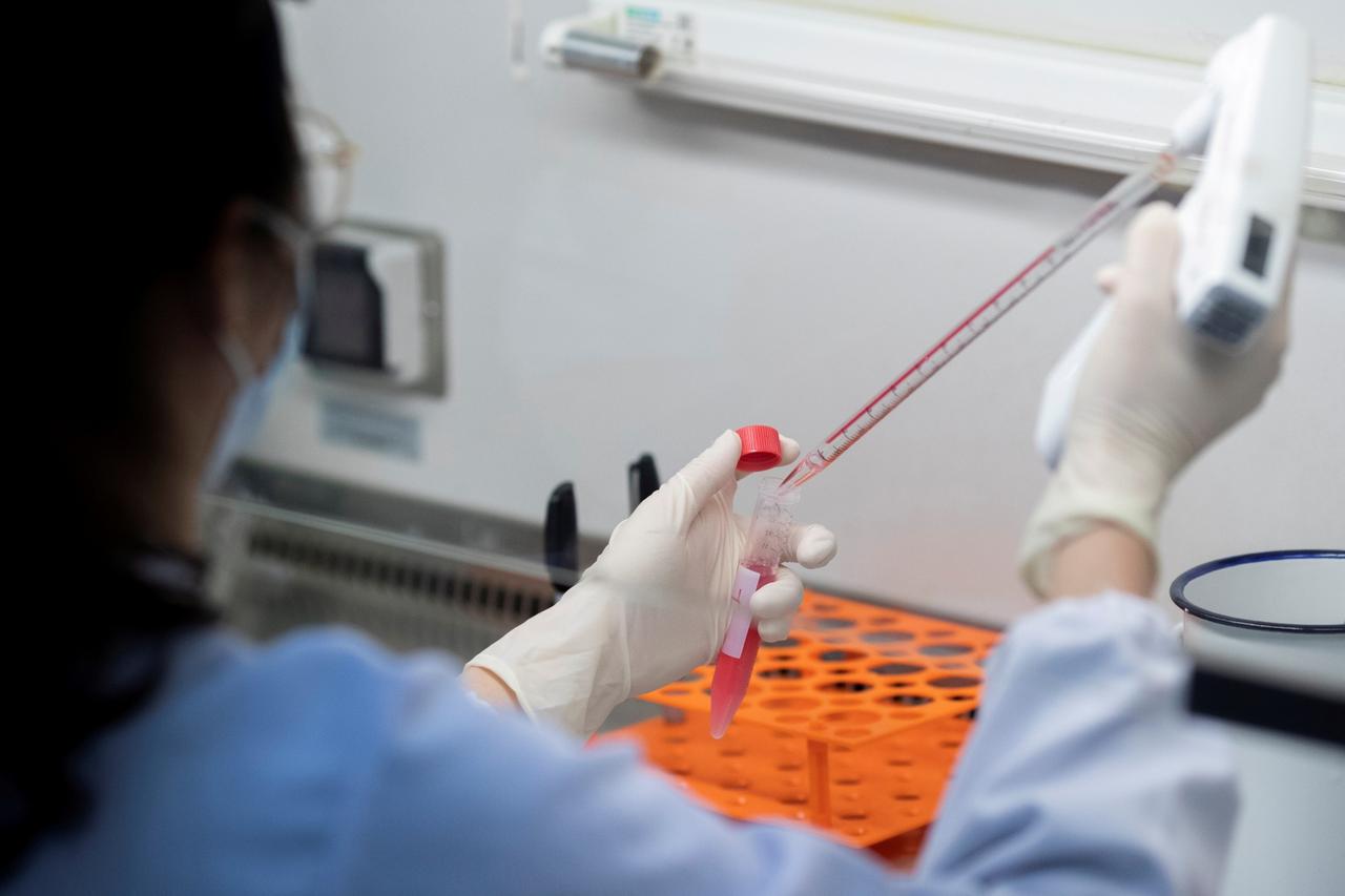 FILE PHOTO: A scientist works in the lab of Linqi Zhang on research into novel coronavirus disease (COVID-19) antibodies for possible use in a drug at Tsinghua University in Beijing