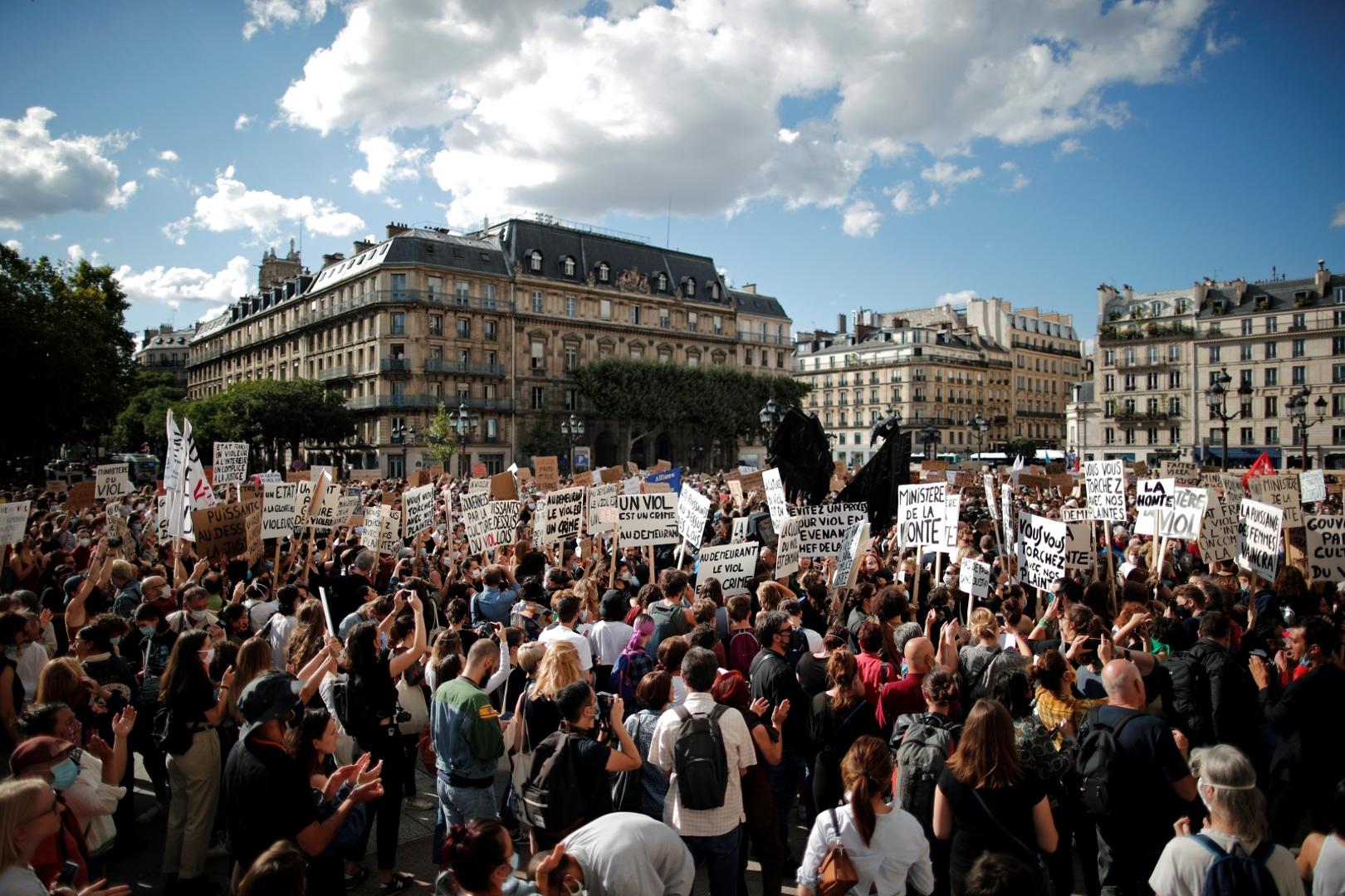 Feminist activists demonstrate against new government appointments in Paris Feminist activists demonstrate against the appointments of French Interior Minister Gerald Darmanin and Justice Minister Eric Dupond-Moretti in the new French government, in front of the city hall in Paris, France, July 10, 2020. REUTERS/Benoit Tessier BENOIT TESSIER