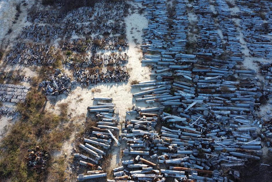 View shows remains of MLRS and artillery shells, cruise and ballistic missiles used by Russian troops for military strikes, in Kharkiv
