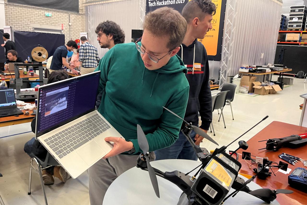 FILE PHOTO: People take part in the European Defense Tech Hub hackathon at DeltaQuad headquarters in Amsterdam