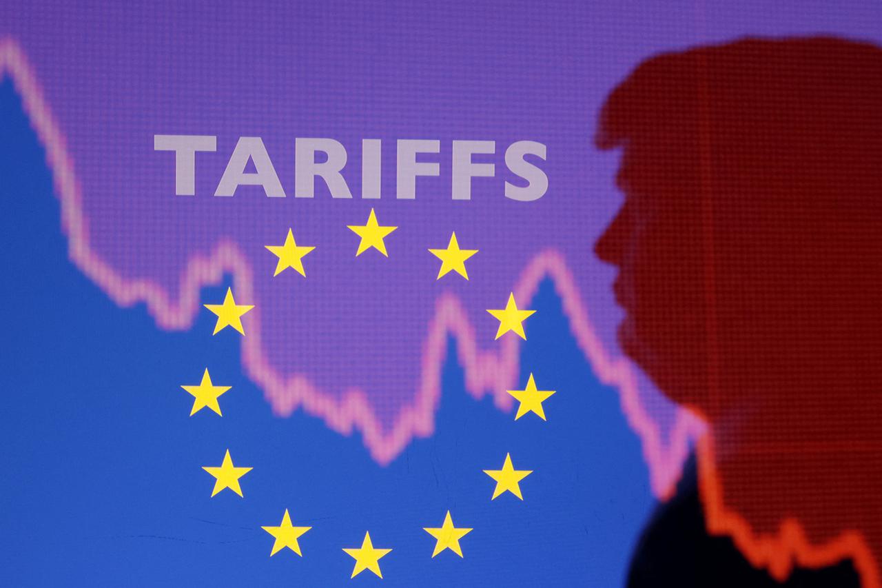 Illustration shows 3D-printed model of U.S. President Trump and EU flag pattern with word "tariffs\