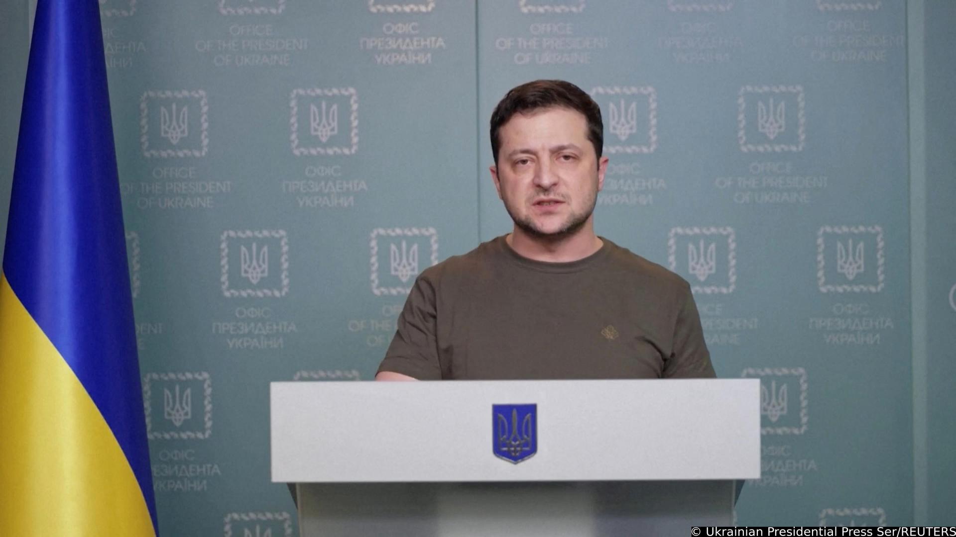 Ukrainian President Volodymyr Zelenskiy speaks during a video address where he urges the West to consider imposing a no-fly zone for Russian missiles, planes and helicopters, amid Russia's invasion of Ukraine, in Kyiv, Ukraine, February 28, 2022 in this still image taken from video.   Ukrainian Presidential Press Service/via Reuters TV/Handout via REUTERS    ATTENTION EDITORS - THIS IMAGE HAS BEEN SUPPLIED BY A THIRD PARTY. Photo: Ukrainian Presidential Press Ser/REUTERS