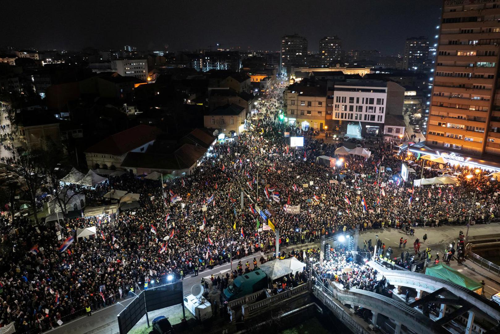 A drone view shows demonstrators attending a protest over the fatal November 2024 Novi Sad railway station roof collapse, in Kragujevac, Serbia February 15, 2025. REUTERS/Marko Djurica Photo: MARKO DJURICA/REUTERS