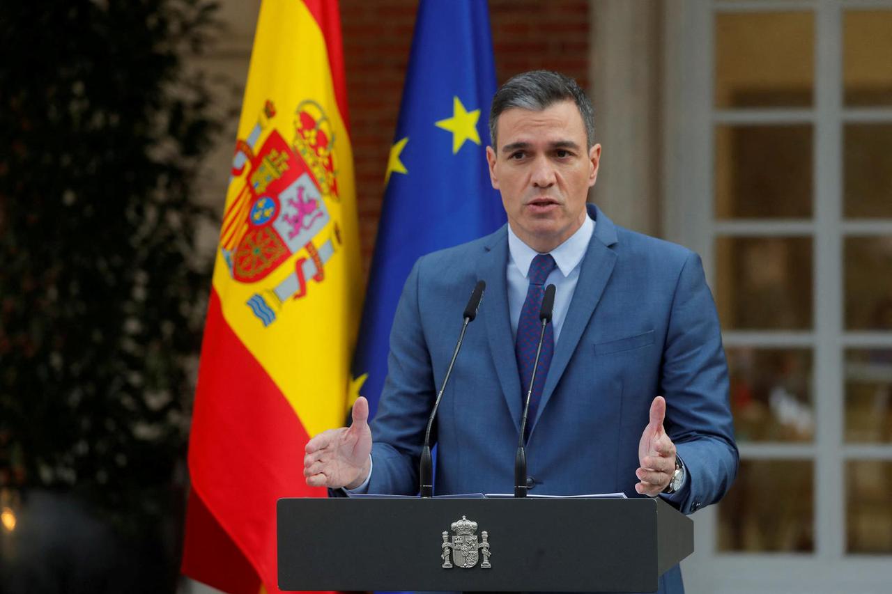 FILE PHOTO: Prime Minister Pedro Sanchez gives a statement at Moncloa Palace in Madrid