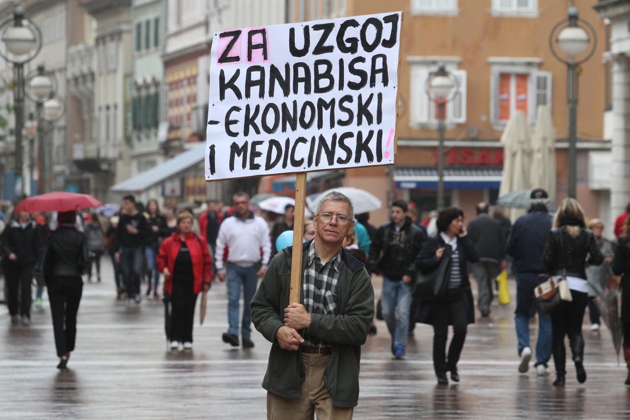 06.11.2014., Rijeka - Prosvjednik Marin Miocic Stosic na Korzu prosetao s transparentom podrske legalizaciji uzgoja kanabisa.  Photo: Goran Kovacic/PIXSELL