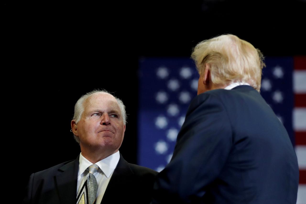 FILE PHOTO: Limbaugh introduces U.S. President Donald Trump  at a campaign rally at the Show Me Center in Cape Girardeau, Missouri