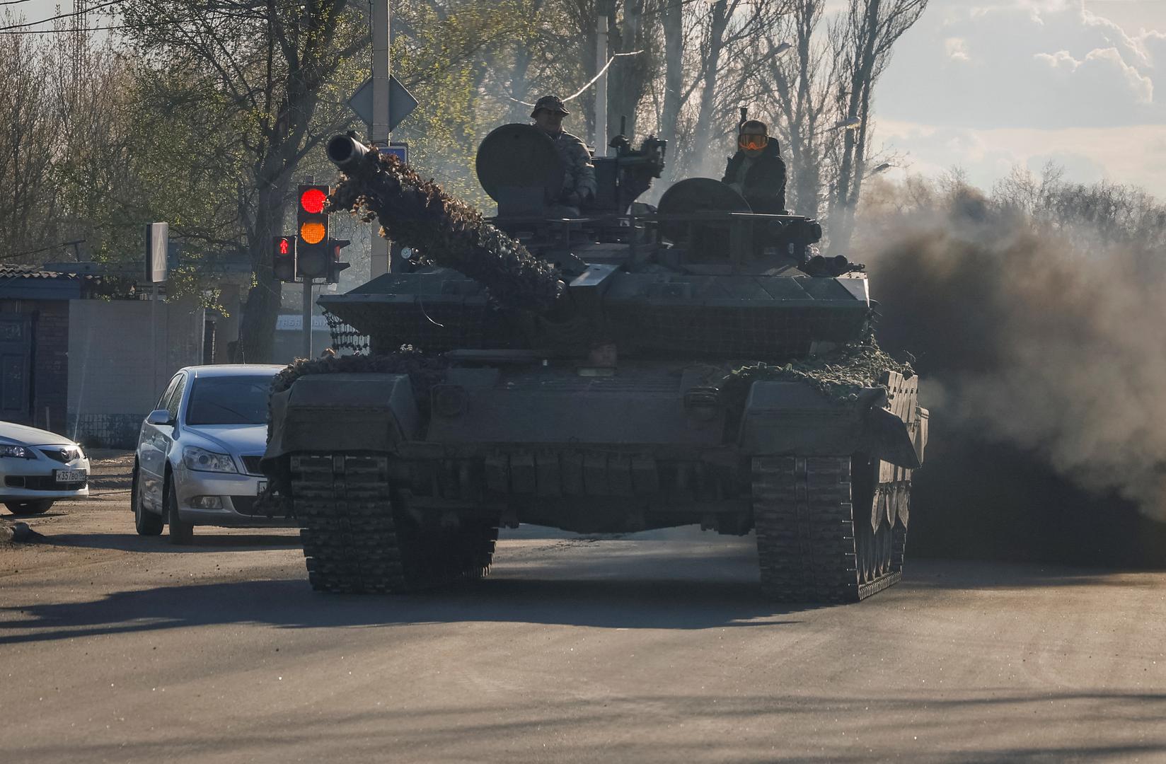 Russian army servicemen drive a tank on a street in Donetsk, Russian-controlled Ukraine, April 6, 2024. REUTERS/Alexander Ermochenko Photo: Alexander Ermochenko/REUTERS