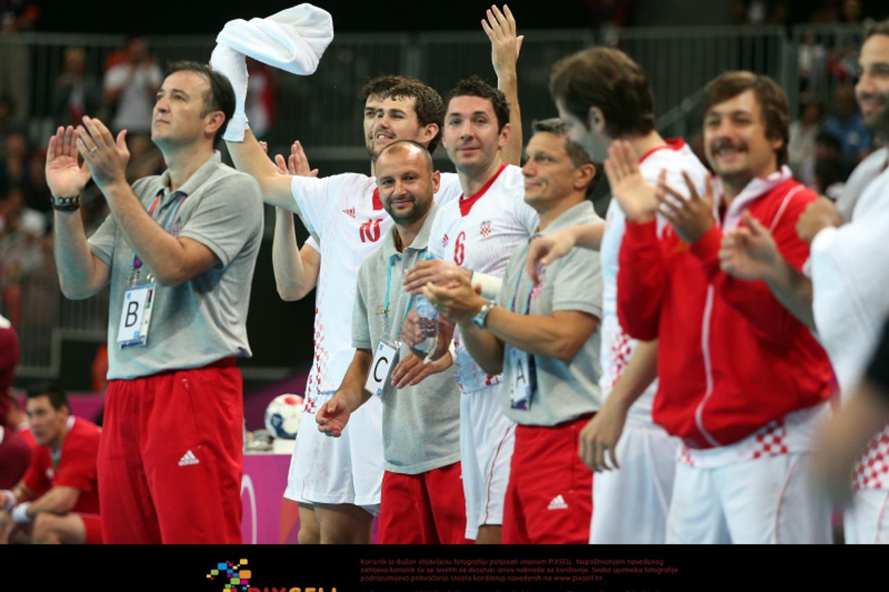 '12.08.2012., London, Engleska - Ljetne Olimpijske igre, rukomet, utakmica za 3. mjesto, Madjarska - Hrvatska. Slavko Goluza, Blazenko Lackovic, Buntic Denis, Bicanic Damir. Photo: Sanjin Strukic/PIXS