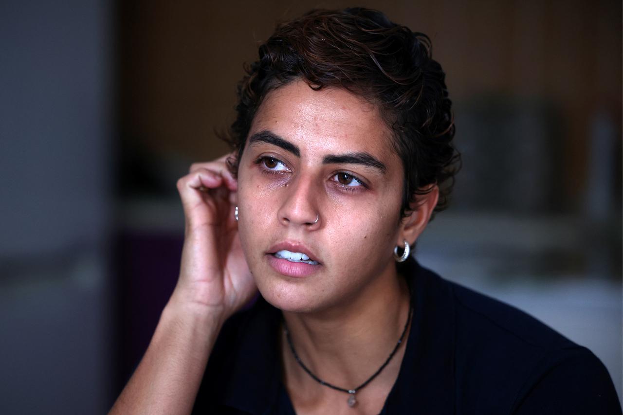 Brazilian volleyball player Nayara Ferreira speaks during an interview, in Tirana