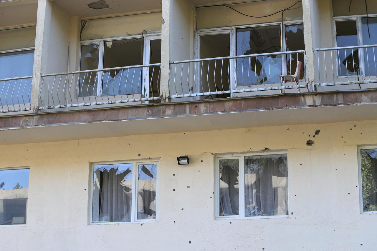 A view shows a building damaged by recent shelling in Jermuk